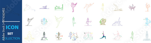 Minimalist yoga pose icon set, colorful line art yoga silhouettes, 27 fitness and wellness vector elements for meditation and health apps