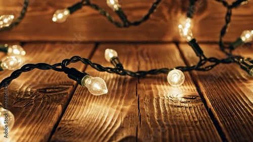 Warm string lights on rustic wooden surface closeup