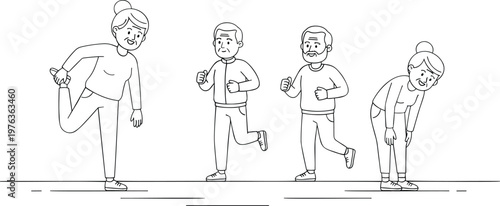 Active elderly people practicing outdoor exercises stretching and jogging for healthy lifestyle wellness and senior fitness line art vector illustration.