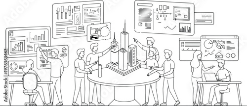 Architectural team working on 3D city model and digital blueprints for smart urban development planning and collaborative construction project line art vector.