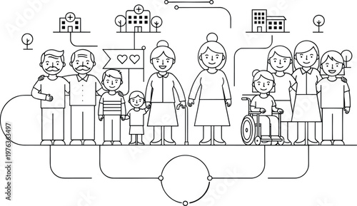 Diverse community people including seniors and wheelchair user with neighborhood icons for social unity family support and inclusive healthcare concept line art vector.