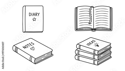 Books, notebooks, and stationery for office and school use, representing academic and professional organization in clean line art style.