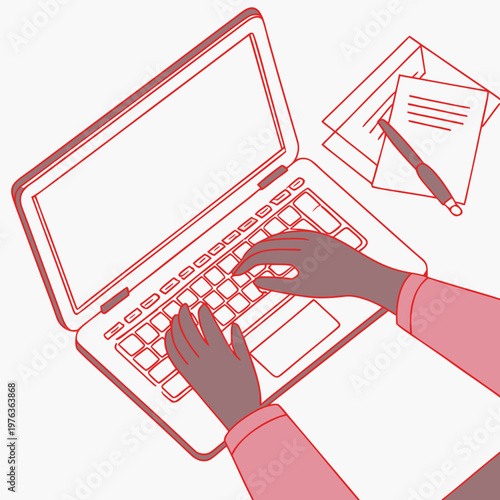 Hands typing on a red outline laptop keyboard working session remote work from home data entry flat design
