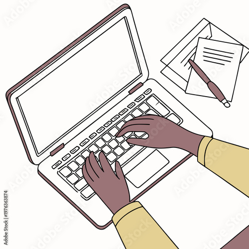 Close-up of hands typing on laptop keyboard working at desk remote work from home data entry flat design keyboard