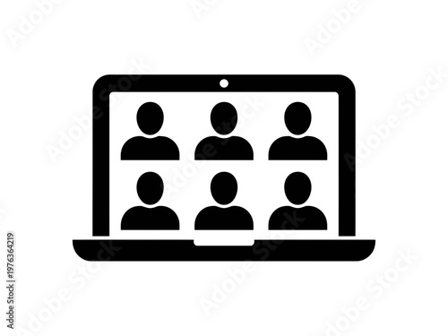 A minimalist vector graphic of a laptop with people on a video call