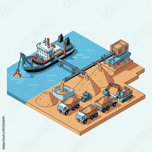 Industrial cargo ships and trucks loading.