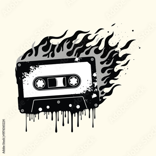 Flaming Speed Fire Cassette Tape Ink Drip Vector T-Shirt Design Illustration