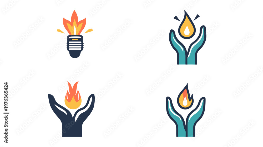 Fototapeta premium Collection of stylized illustrations featuring hands cupping flames and light bulbs, with varying colors