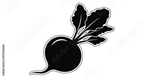 A striking black silhouette of a beet with leafy greens silhouette