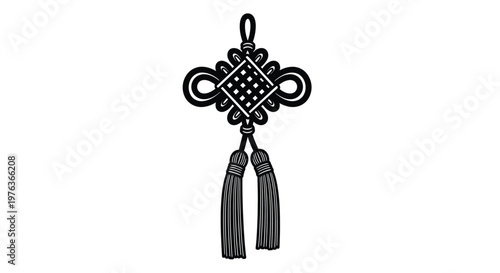 Intricate chinese knot design hanging from a loop a silhouette