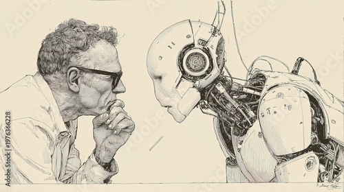 Detailed Crosshatch Style Depiction of a Man Contemplating a Robot Head Illustration