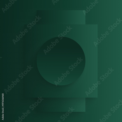 Centered geometric abstract dark green background with circle and layered square shapes, minimalist gradient modern composition, structured design backdrop