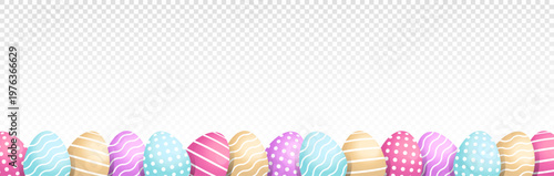 Easter banner with colorful cartoon flat 3d eggs. PNG transparent background. Egg frame border. Spring april holiday, celebration. Decoration design, print, banner. Vector illustration.