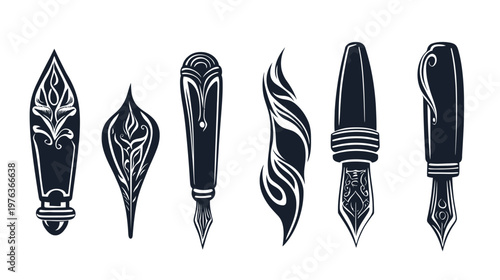 Black and white artistic representation of six vintage fountain pen nibs and barrels