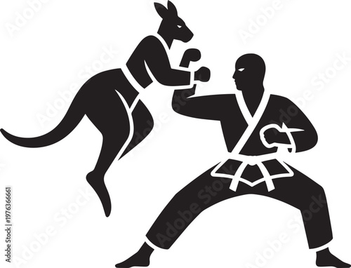 Kangaroo fighting a man in a karate gi, martial arts illustration for vector art and clip art