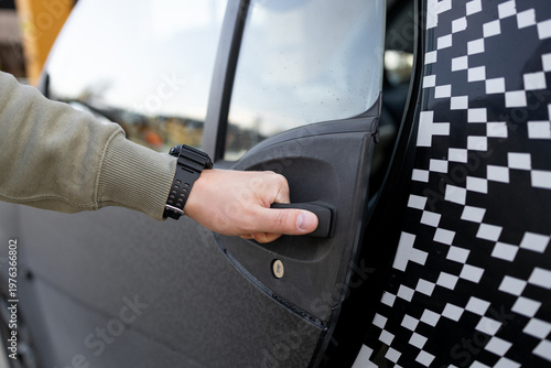 Close up of male hand opening car door, everyday transportation and vehicle access concept, modern lifestyle and mobility.