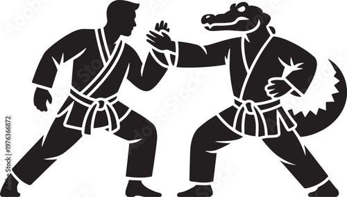 Man and crocodile in martial arts uniform sparring for combat and silhouette