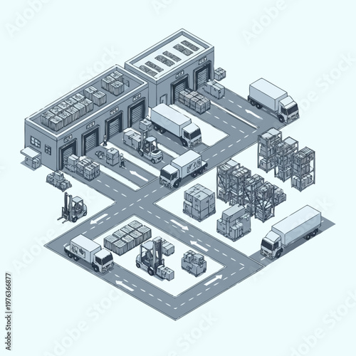 Industrial warehouse with delivery trucks.
