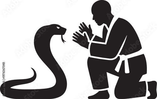 Man in martial arts uniform facing a cobra snake silhouette in outline style
