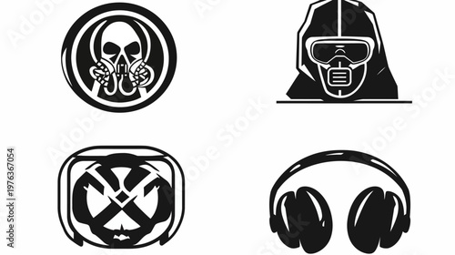 Four black and white illustrations Skull mask in circle, gas mask wearing person, abstract design, and headphones