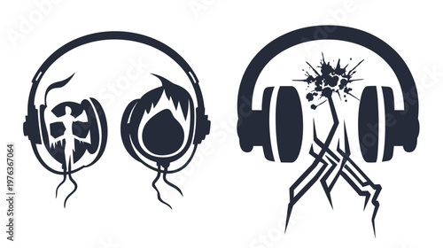 Two abstract headphone designs in black on white. The first has a figure and a face; the second, an explosion and angles