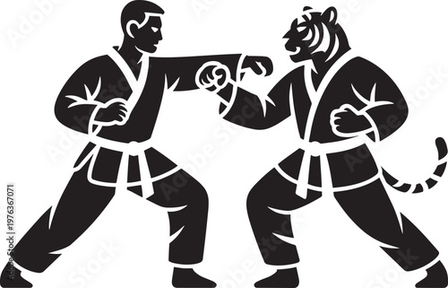Man and tiger in martial arts pose for fighting and stance for beast mode and animal character