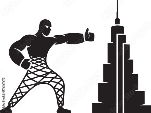 Superhero giving a thumbs up near a tall building, illustration for gesture and silhouette