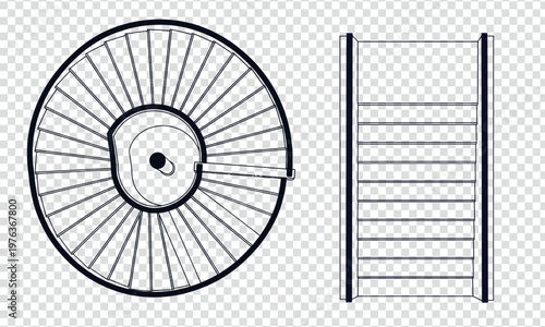 Technical diagram of a spoked wheel and ladder structure with crossbars isolated on transparent background, Vector 