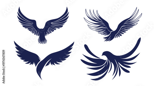Four stylized, dark blue wing designs on a white background, representing freedom and flight