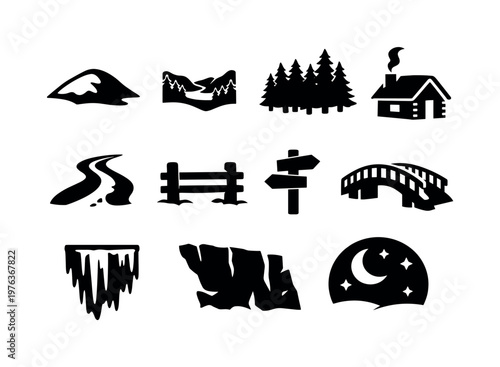 Solid vector icons of winter landscape: snow hill, valley, forest edge, cabin, chimney smoke, trail path, fence post, sign pole,