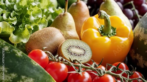 Assortment of fresh fruits and vegetables including kiwi, bell pepper, and tomatoes