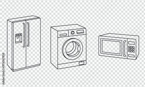 Line drawing of three common household kitchen appliances: fridge, washing machine, and microwave isolated on transparent background, Vector 