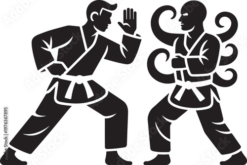 Two martial artists in a stance, one with stylized tentacle-like arm extensions