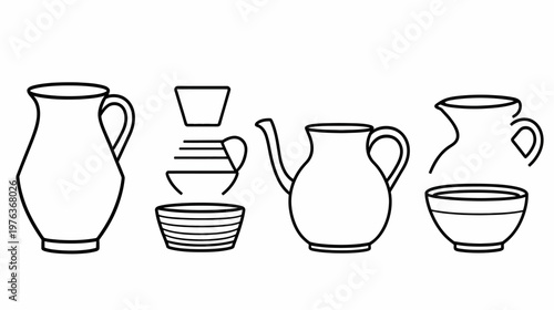 Black and white line art of various kitchenware pitchers, teapot, cups, and bowls on white