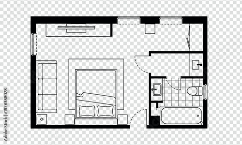 Modern compact bedroom and bathroom floor plan layout with built-in storage isolated on transparent background, Vector 