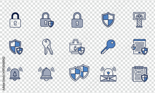 Collection of icons representing cybersecurity and digital protection measures isolated on transparent background, Vector icon