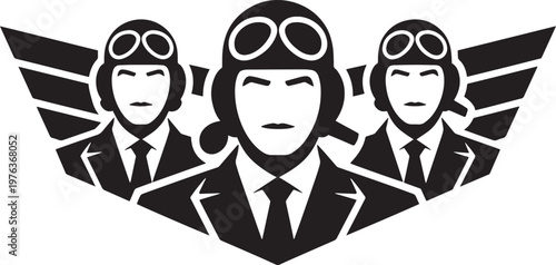 Three business aviators in suits and goggles with wings illustration
