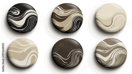 Six round objects, with swirling patterns in various earth tone colors. Shadows present