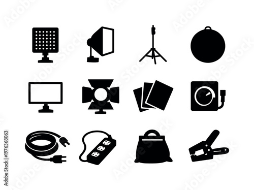 Solid vector icons of lighting setup: LED panel, softbox, light stand, reflector, diffuser, barn door, gel filter, dimmer, power
