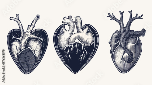 Three anatomical heart illustrations, vector artwork, in a classic woodcut style, with fine details