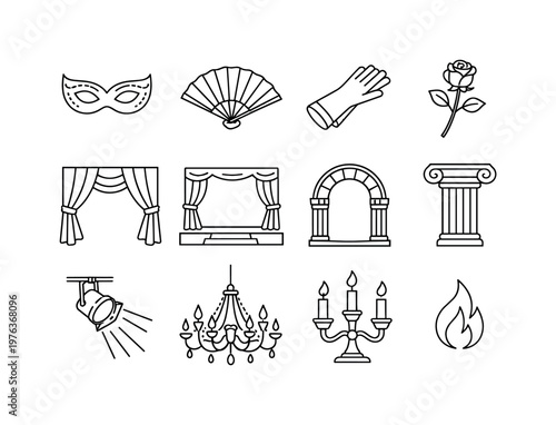 Line style vector icons of opera party aesthetic: mask, fan, glove, rose; curtain, stage, arch, column; spotlight, chandelier,