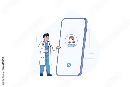Medical professional offering telehealth consultation through smartphone with patient on screen illustration