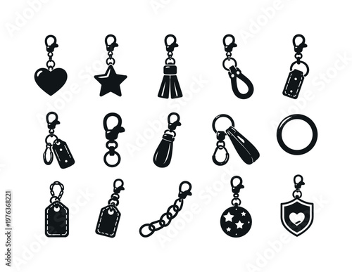 Solid vector icons of bag charm: bag accessory, pendant, tassel, charm hook, key fob, metal clasp, leather strap, ring,