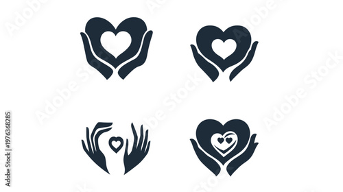 Four black and white illustrations featuring hands cradling hearts in various designs