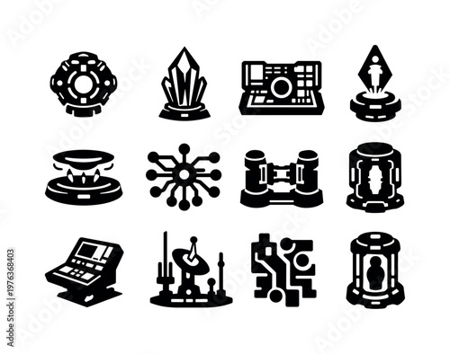 Solid vector icons of alien technology: plasma core, energy crystal, control panel, hologram emitter, levitation field, circuit