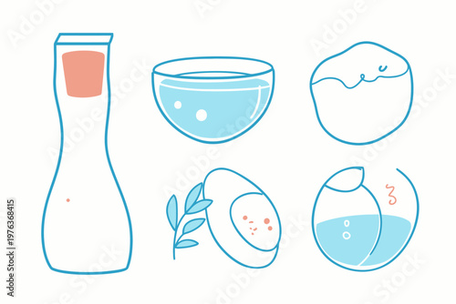 A minimalistic illustration featuring a bottle, bowl, cloud, sliced egg, and a spherical vessel, all stylized