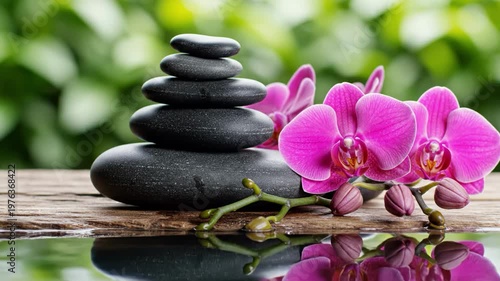 Zen stones stack with water droplets and pink orchid flowers