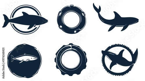 Six stylized shark silhouettes, depicted in various circular and open designs against a white background