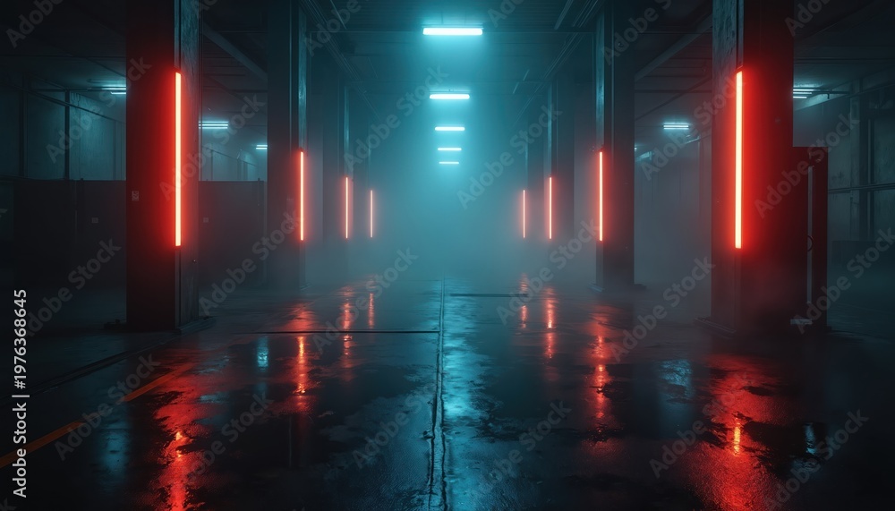 Naklejka premium Dimly lit industrial space with glowing red and blue neon lights. Wet floor reflects lights creating moody atmosphere. Fog and shadows add mystery and depth.