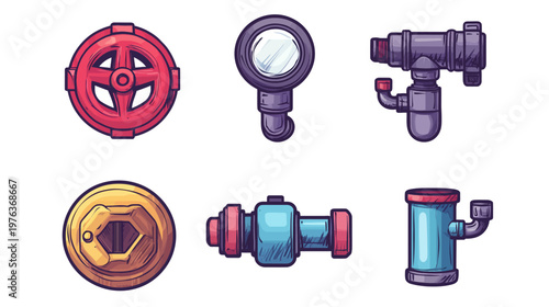 Six cartoon plumbing components a valve, a magnifying glass, a pipe section, a bolt, and more